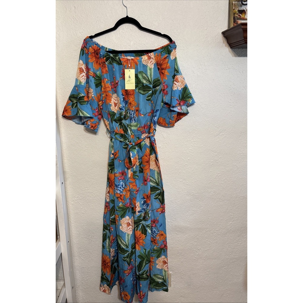 Welove Fashion Jumpsuit Women XL Floral‎ Slant Pocket Belt Sleeve Elastic Neck